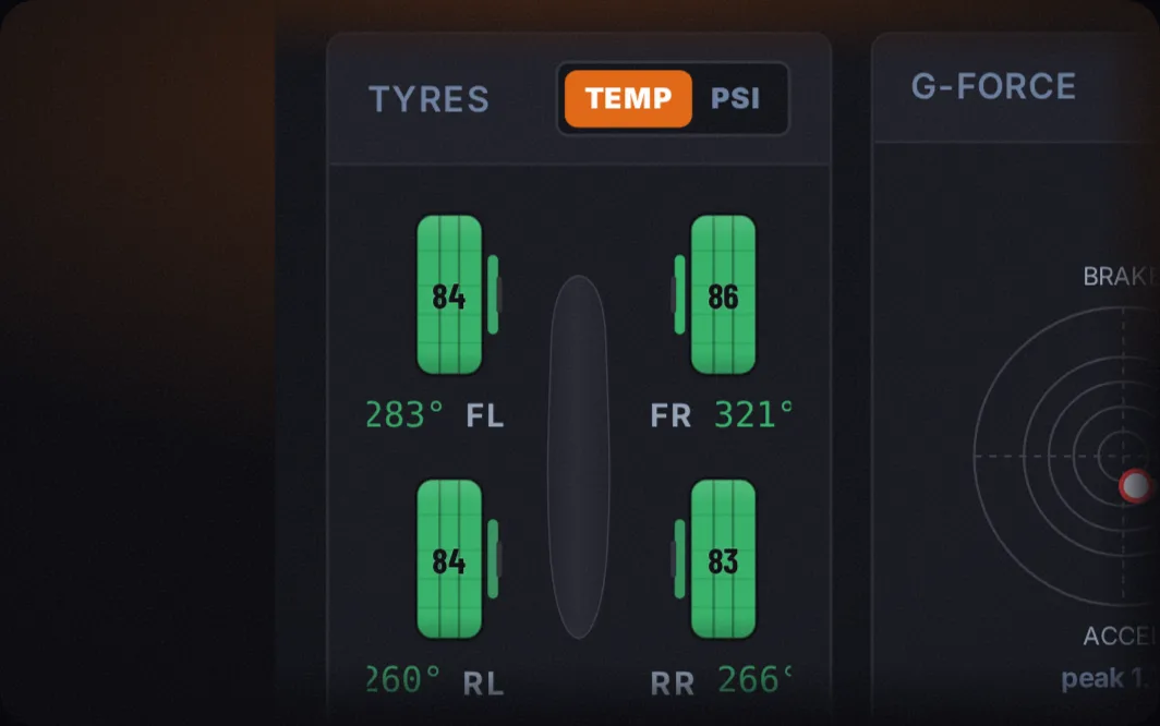 Live dashboard - tyre temps, fuel, lap delta